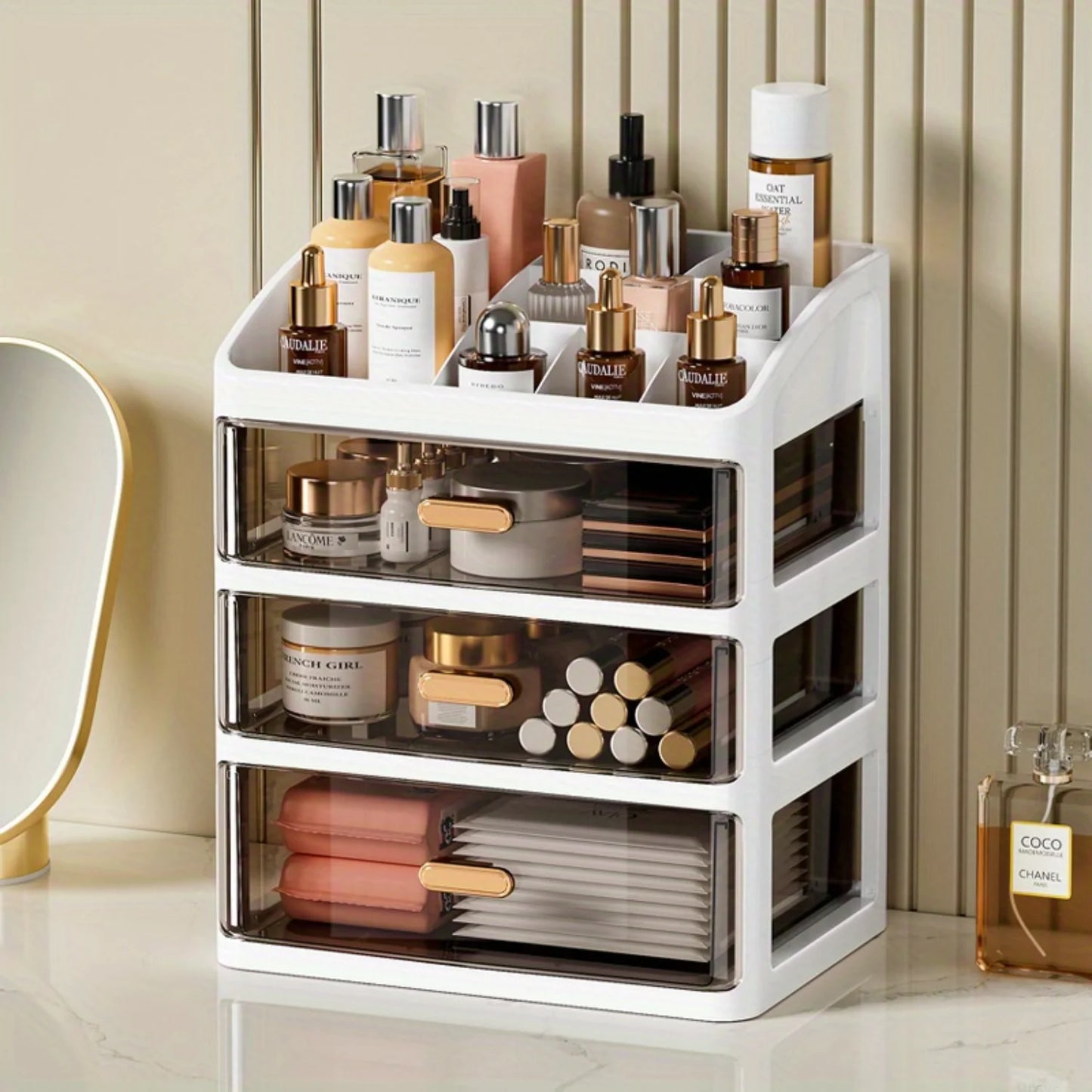 3-Layer Makeup Organizer For Vanity, Large Capacity Countertop Organizer With Drawers, Bathroom Bedroom Desk Cosmetic Display Ca