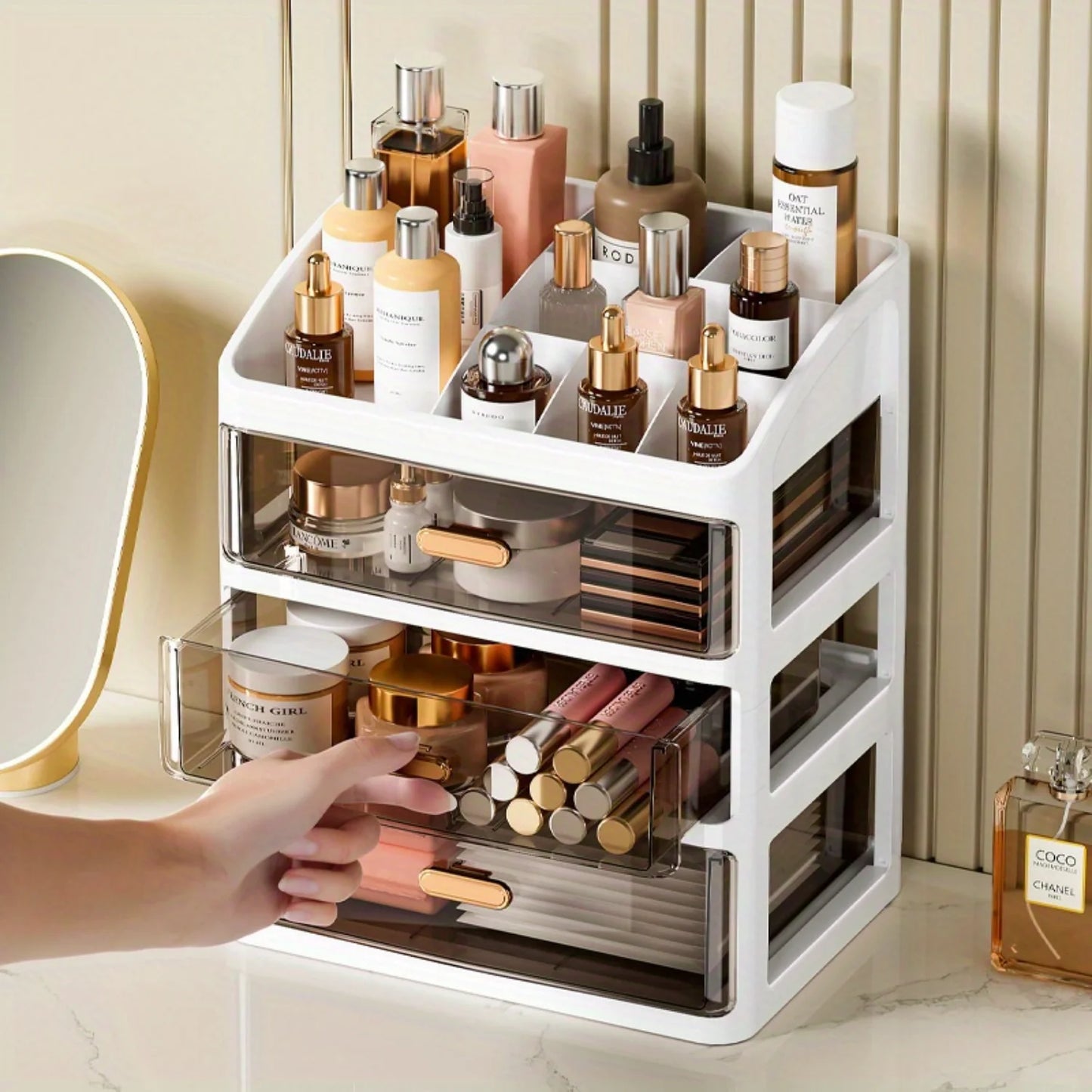 3-Layer Makeup Organizer For Vanity, Large Capacity Countertop Organizer With Drawers, Bathroom Bedroom Desk Cosmetic Display Ca