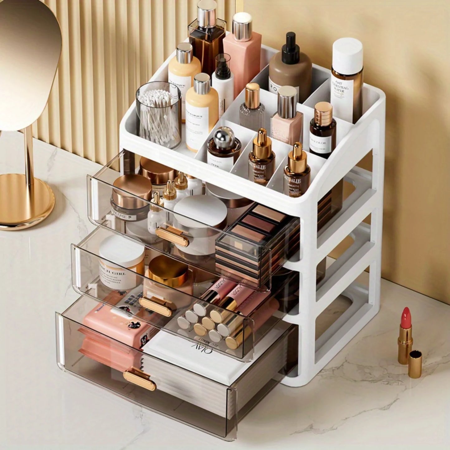 3-Layer Makeup Organizer For Vanity, Large Capacity Countertop Organizer With Drawers, Bathroom Bedroom Desk Cosmetic Display Ca