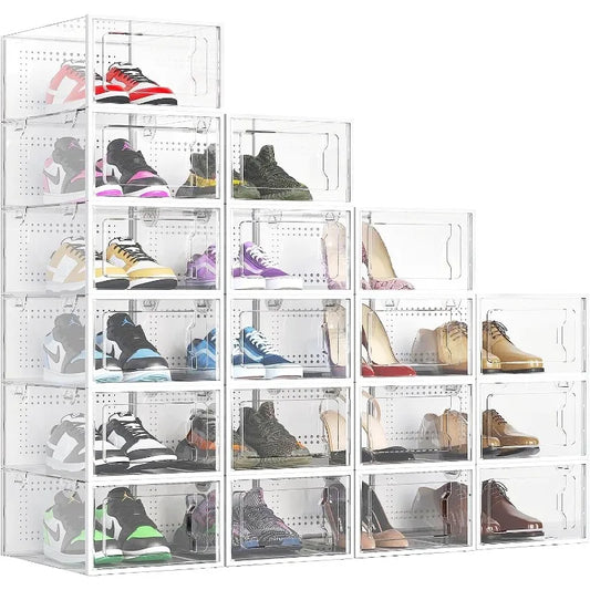 Shoe Boxes Clear Plastic Stackable, 18 Pack Premium Shoe Organizer Storage for Closet Space Saving Foldable Shoe Rack