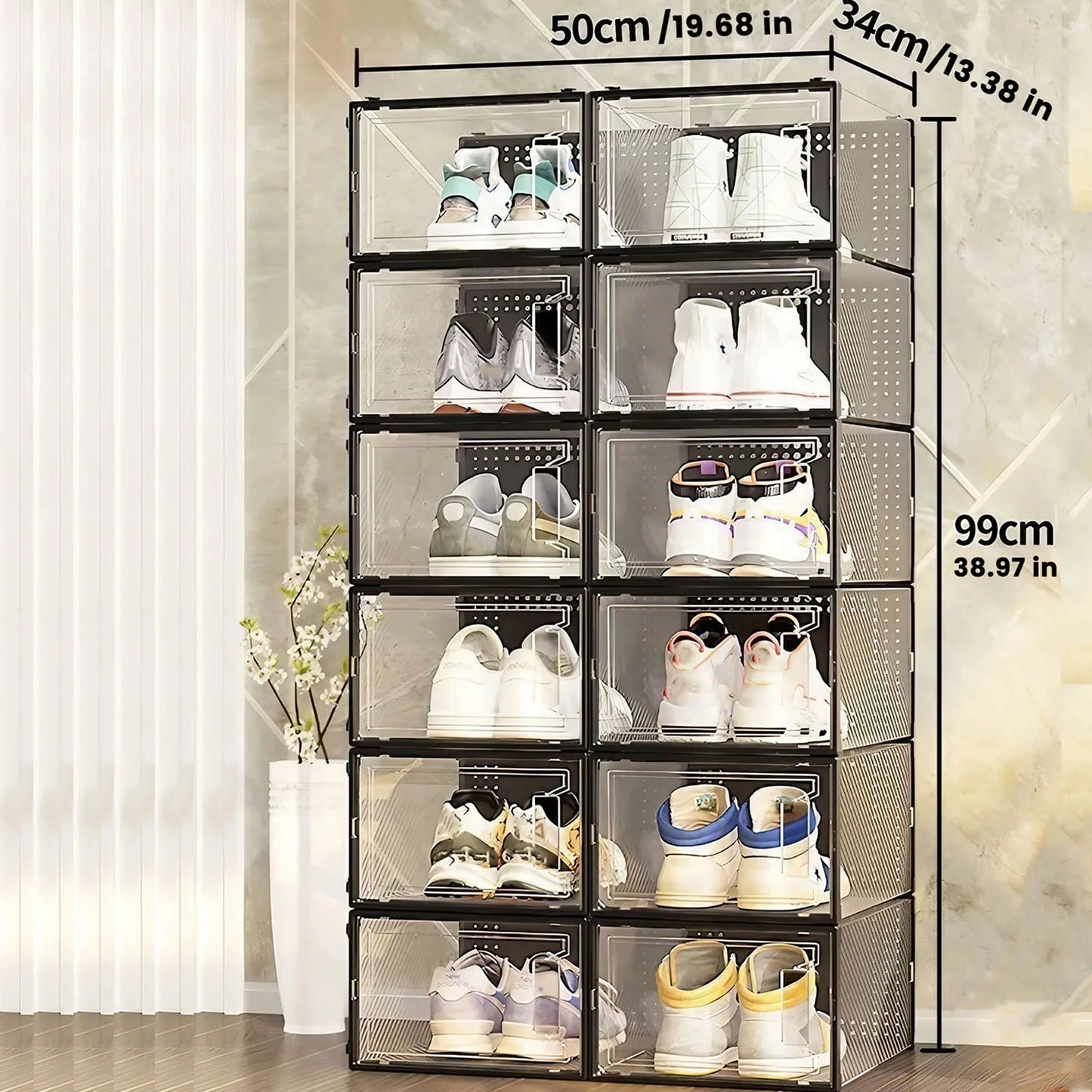 12 Pack X Large Shoe Organizer Storage Boxes for Closet, Clear Plastic Stackable Shoe Organizer, Space Saving Shoe Rack (Black)